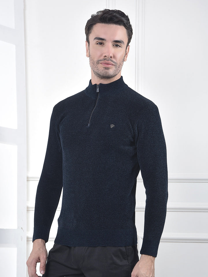 Blue Jacquard High Neck Sweater