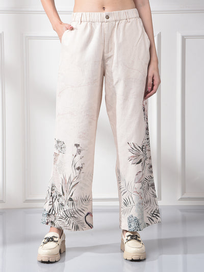 Peach Floral Print Linen Straight Trousers