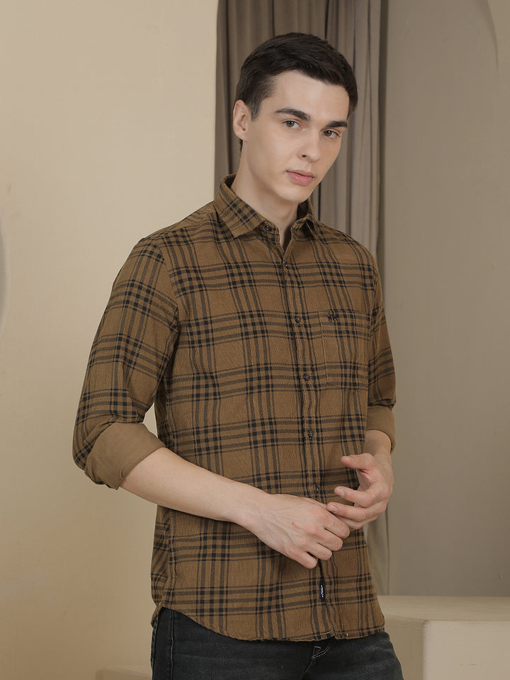 Brown Checked 100% Cotton Corduroy Shirt