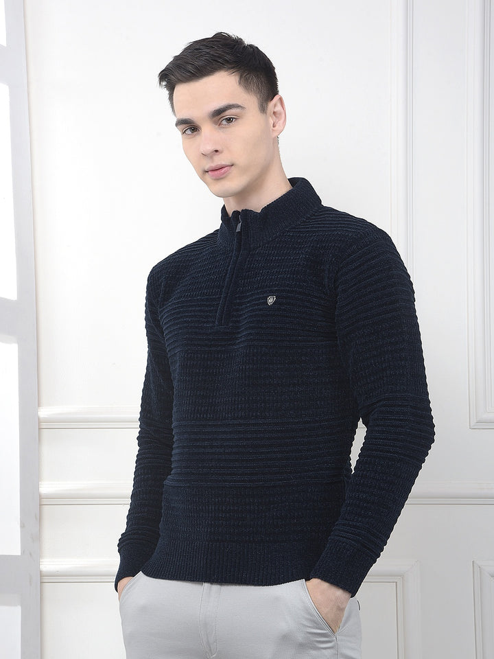 Navy Blue Jacquard Knitted Sweater
