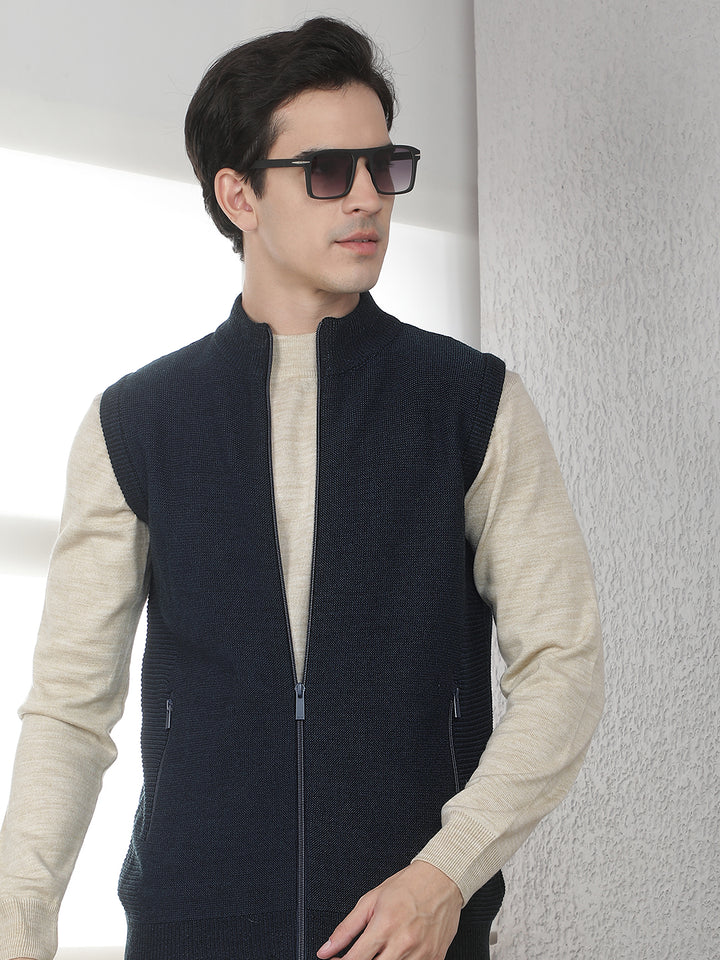 Navy Blue Sleeveless High Neck Sweater