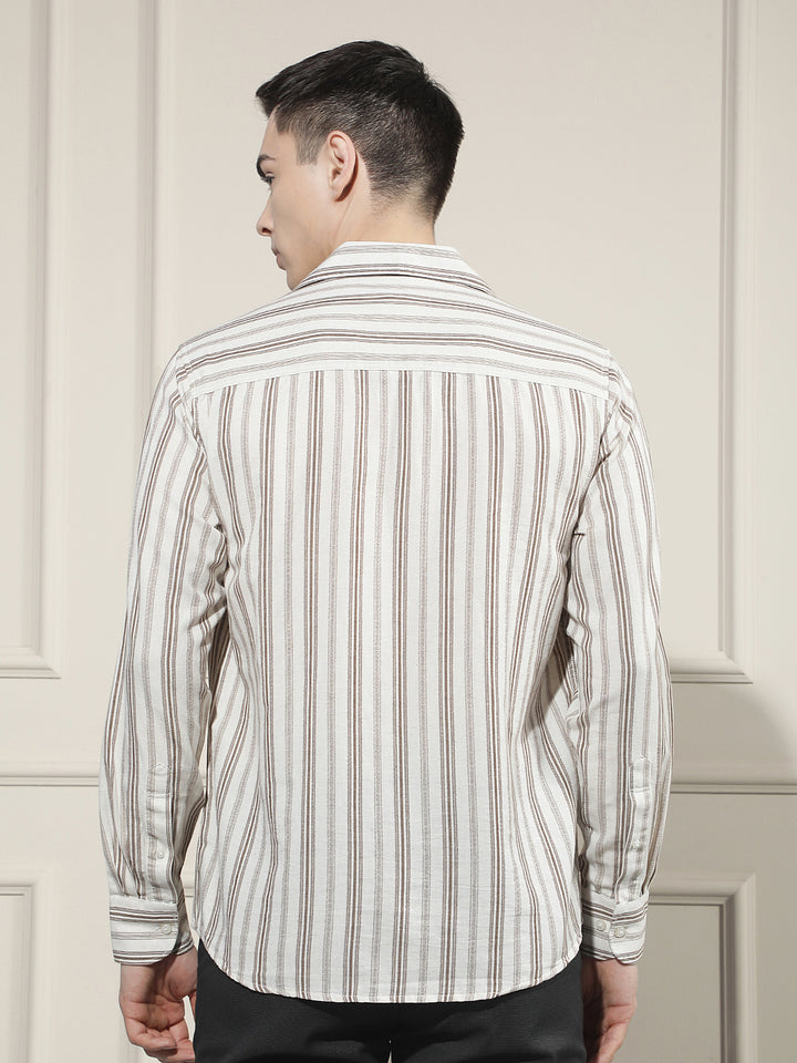 Brown Vertical Stripes Linen Shirt