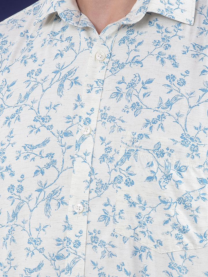 Blue Floral Printed Linen Shirt