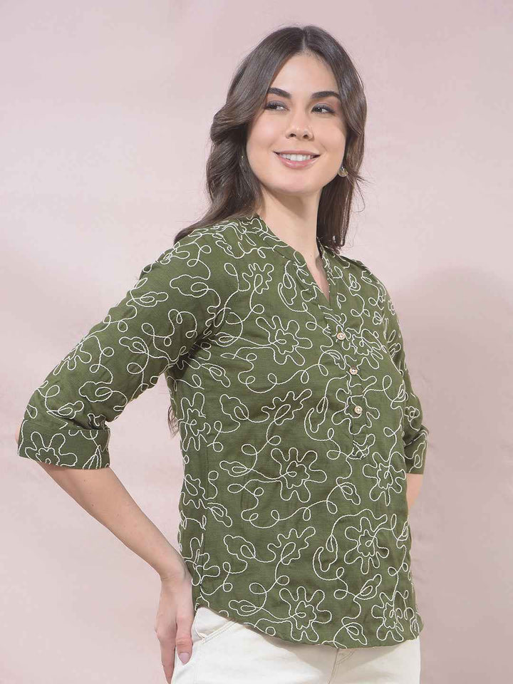 Green Embroidered V-Neck Top