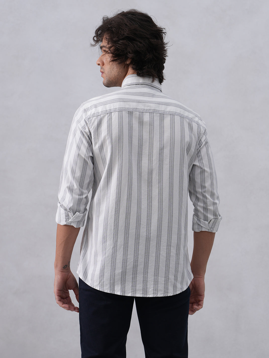 White Vertical Stripes 100% Cotton Button-Down Collar Shirt