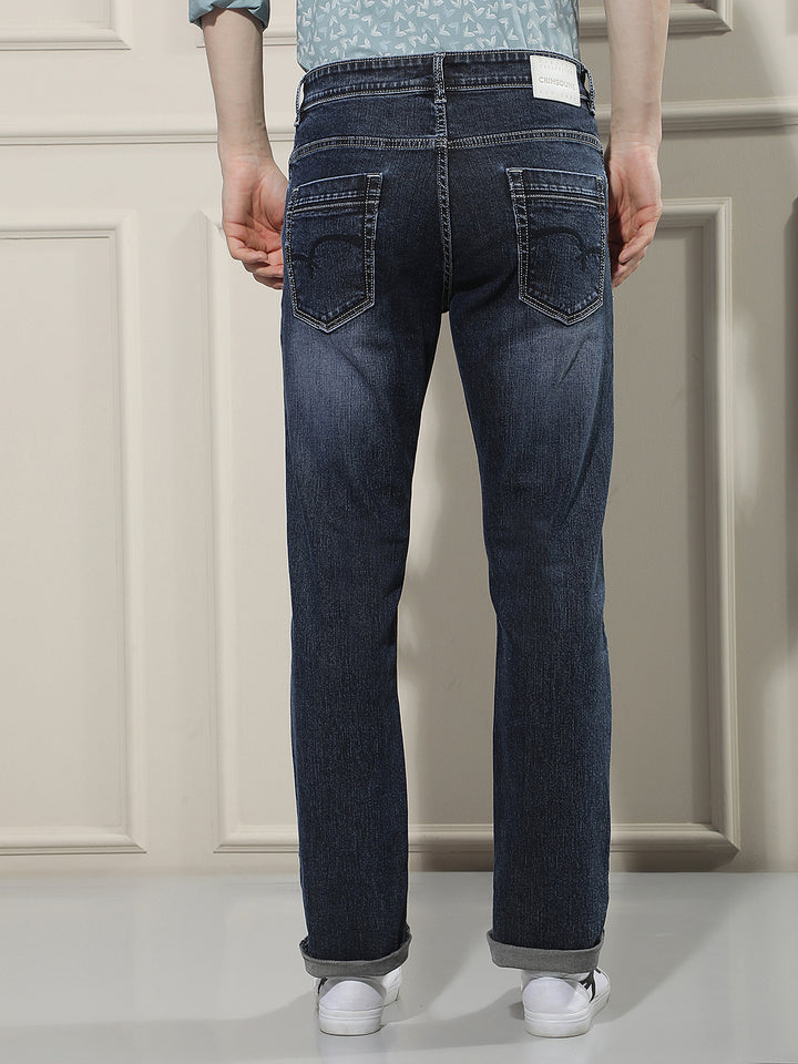 Navy Blue Cotton Straight Jeans