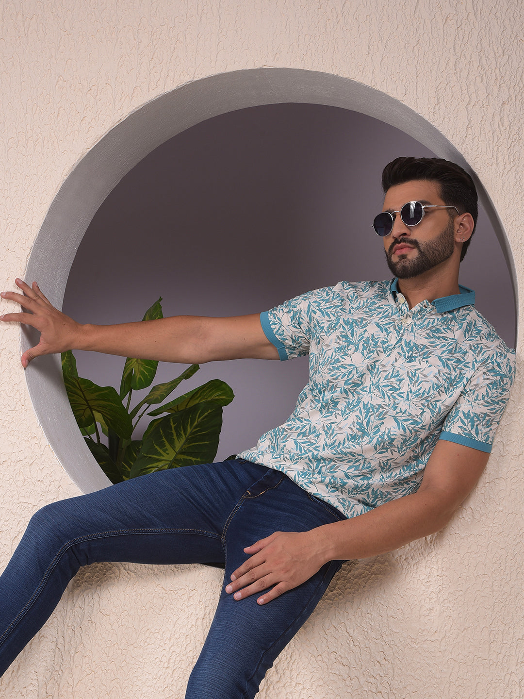 Blue Floral Print Polo Neck T-Shirt