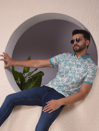 Blue Floral Print Polo Neck T-Shirt