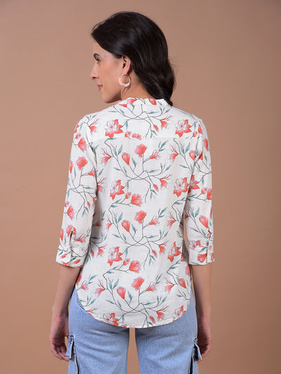 Green Floral Print V-Neck Linen Top