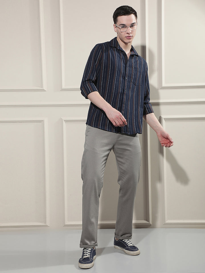 Navy Blue Vertical Stripes 100% Cotton Shirt