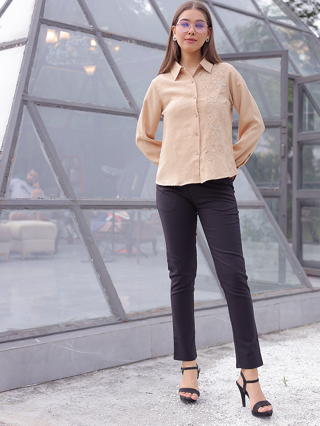 Beige Floral Embroidered Shirt