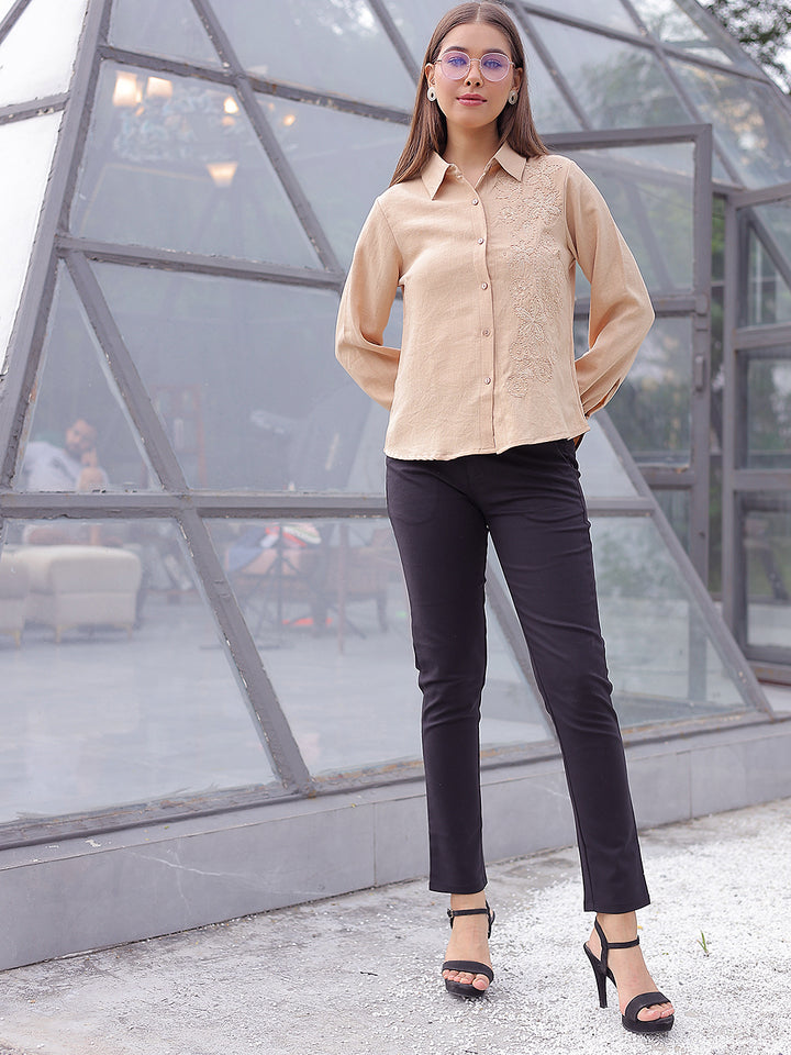 Beige Floral Embroidered Shirt