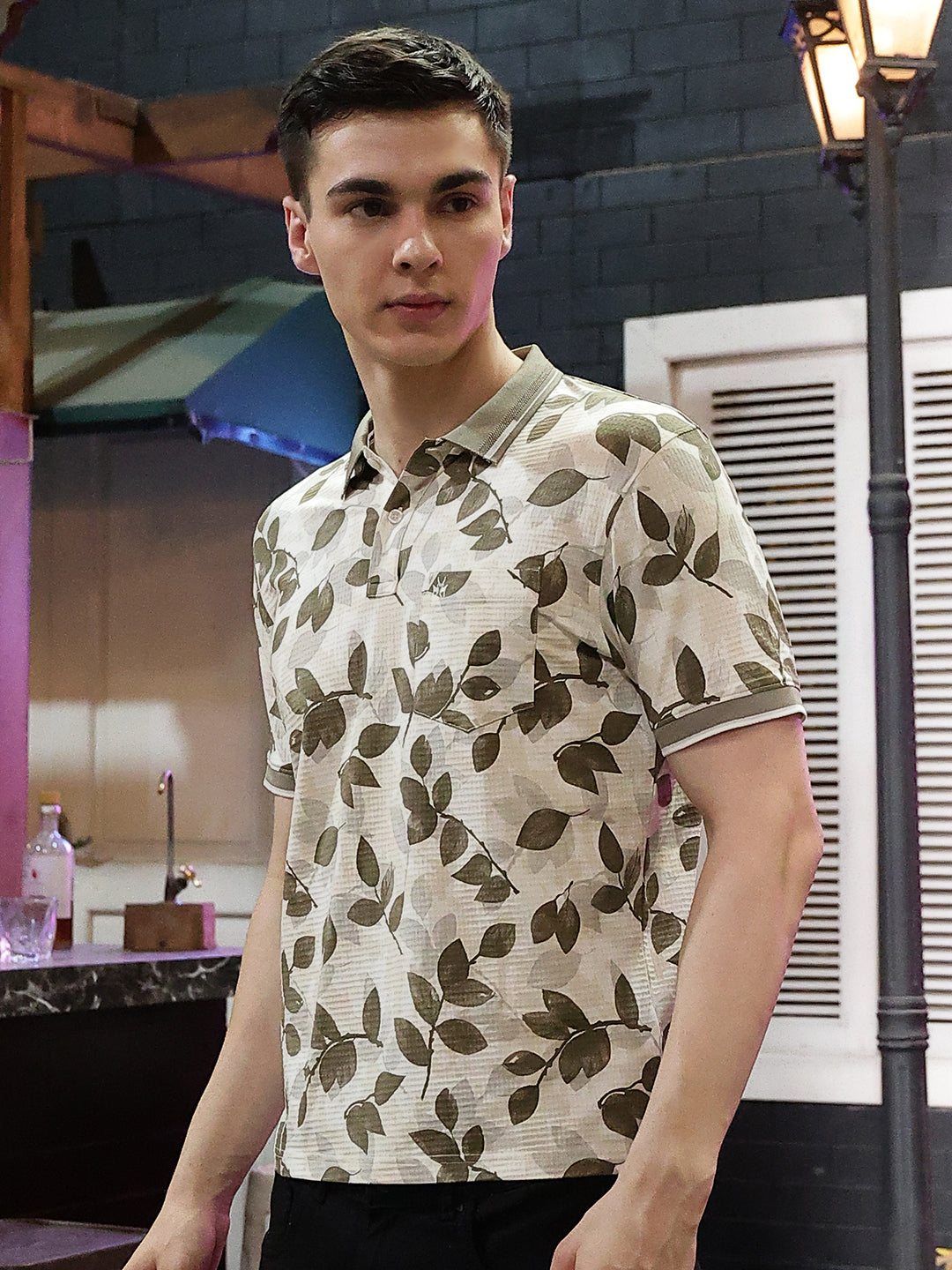 Beige Floral Print Polo Neck T-Shirt