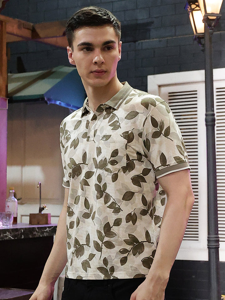 Beige Floral Print Polo Neck T-Shirt