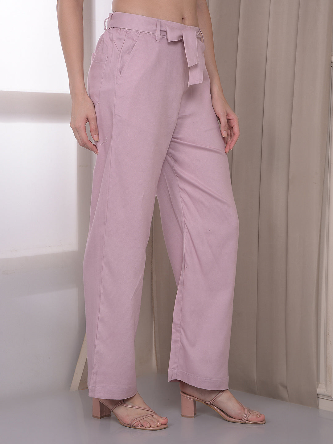 Pink Wide Leg Casual Trousers With Belt