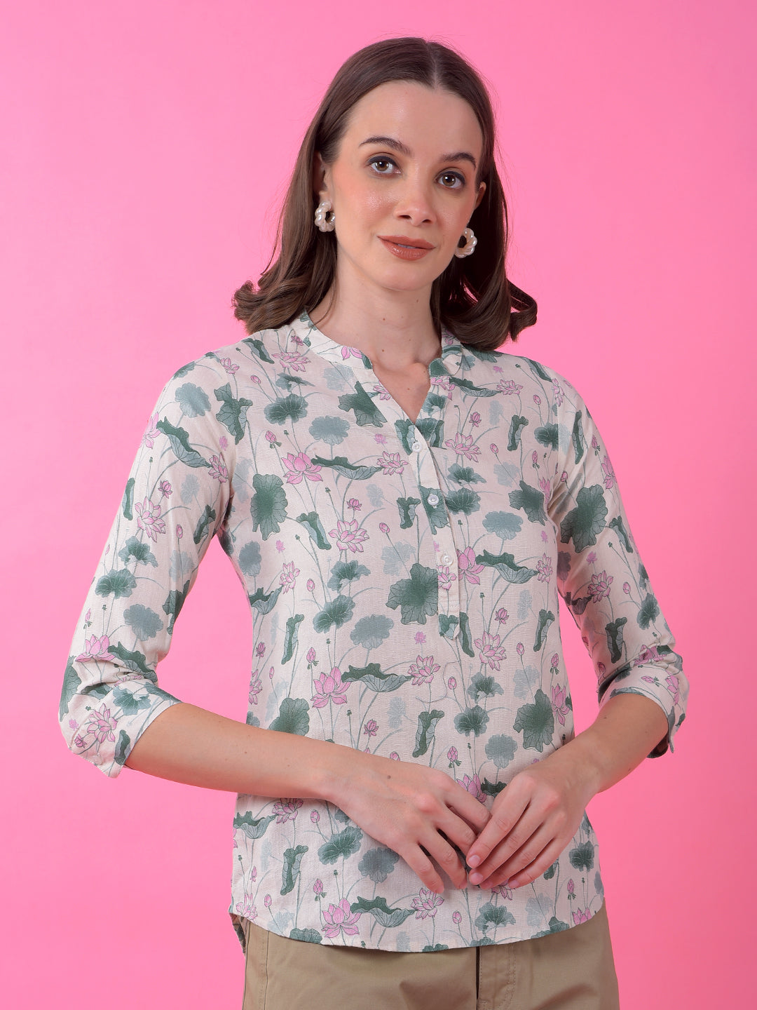 Green Printed V-Neck Linen Top