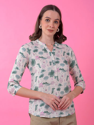 Green Printed V-Neck Linen Top