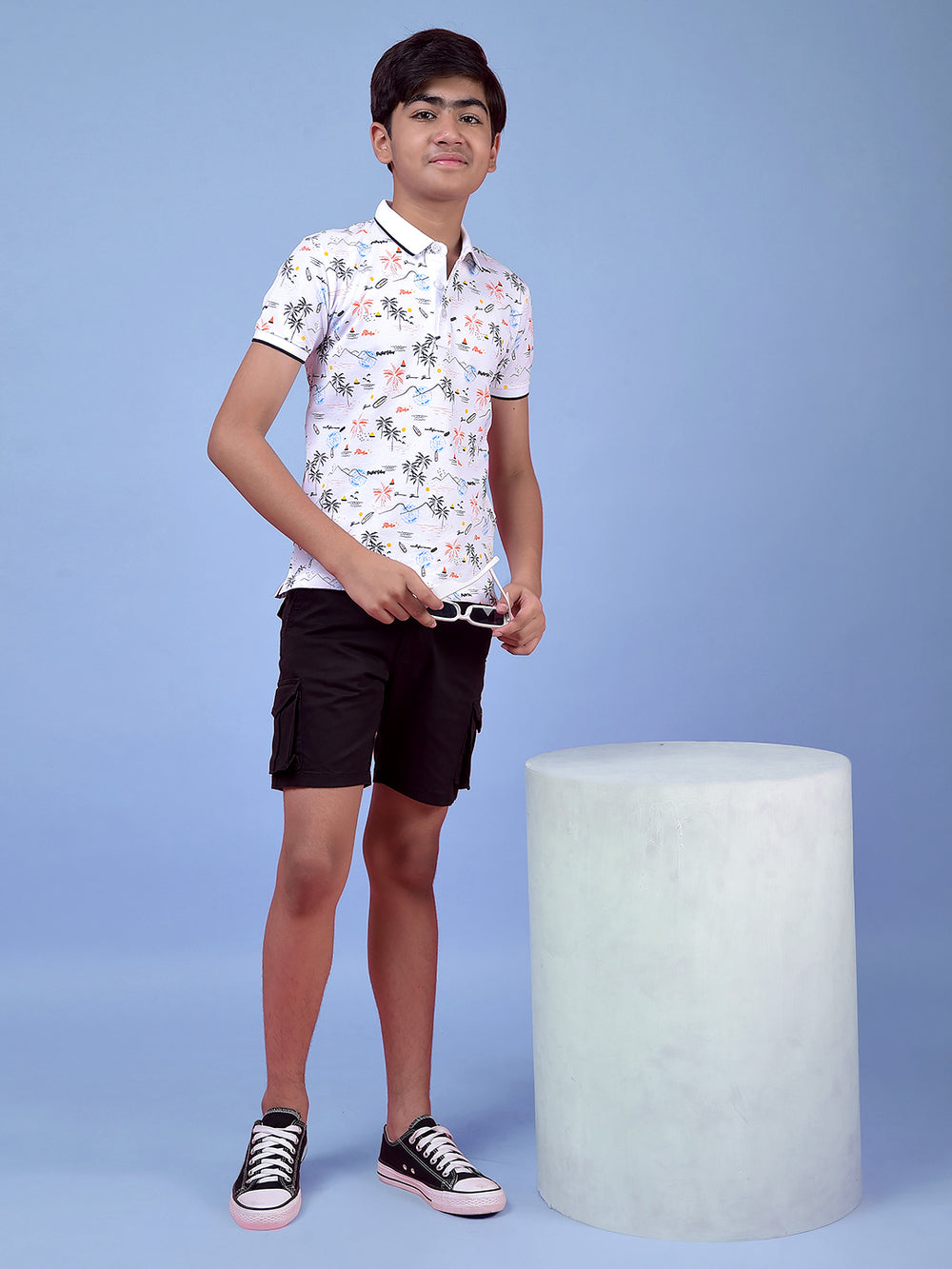 White Floral Print Polo Neck T-Shirt