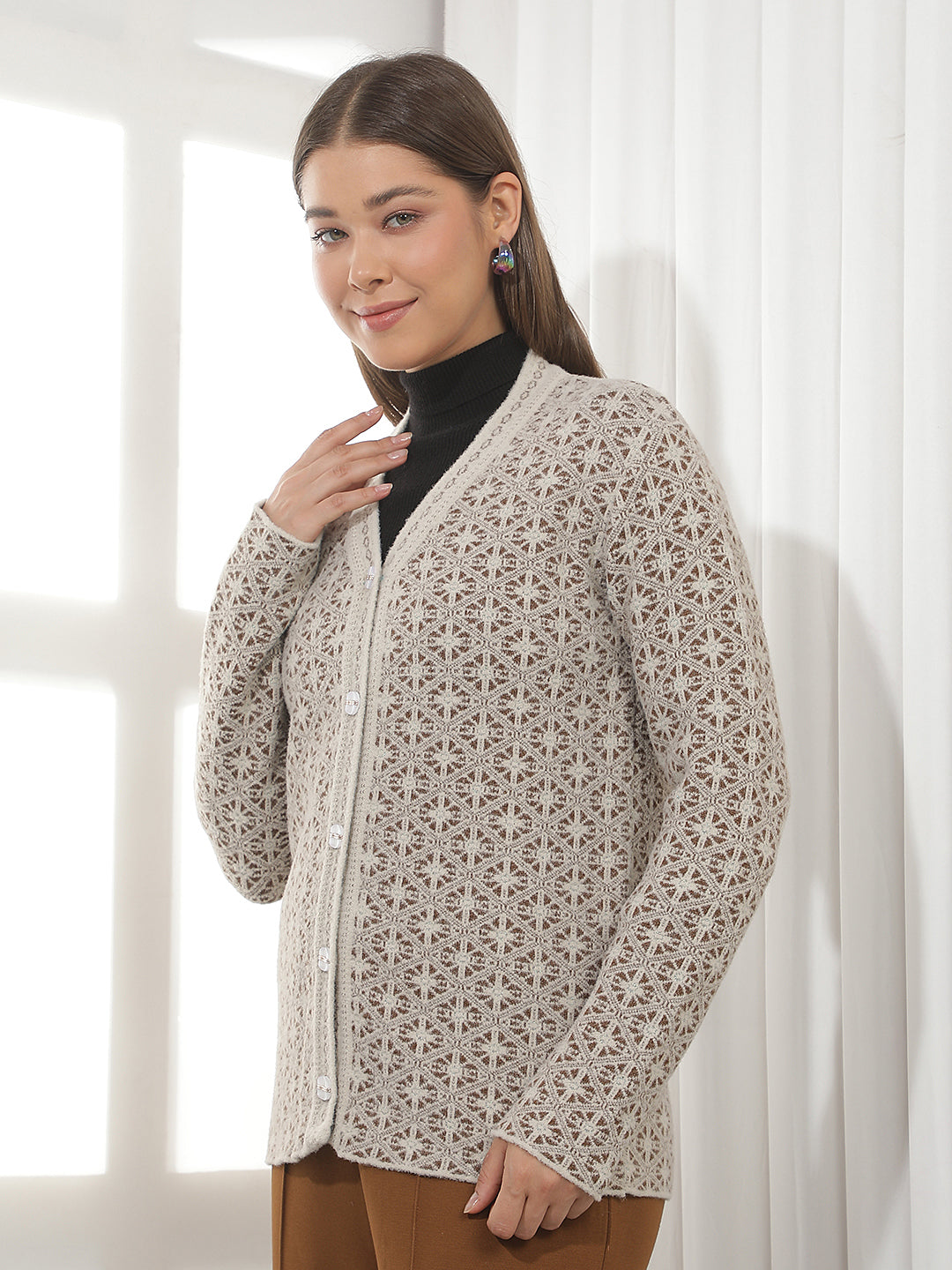 Beige Geomatric Print V-Neck Cardigan