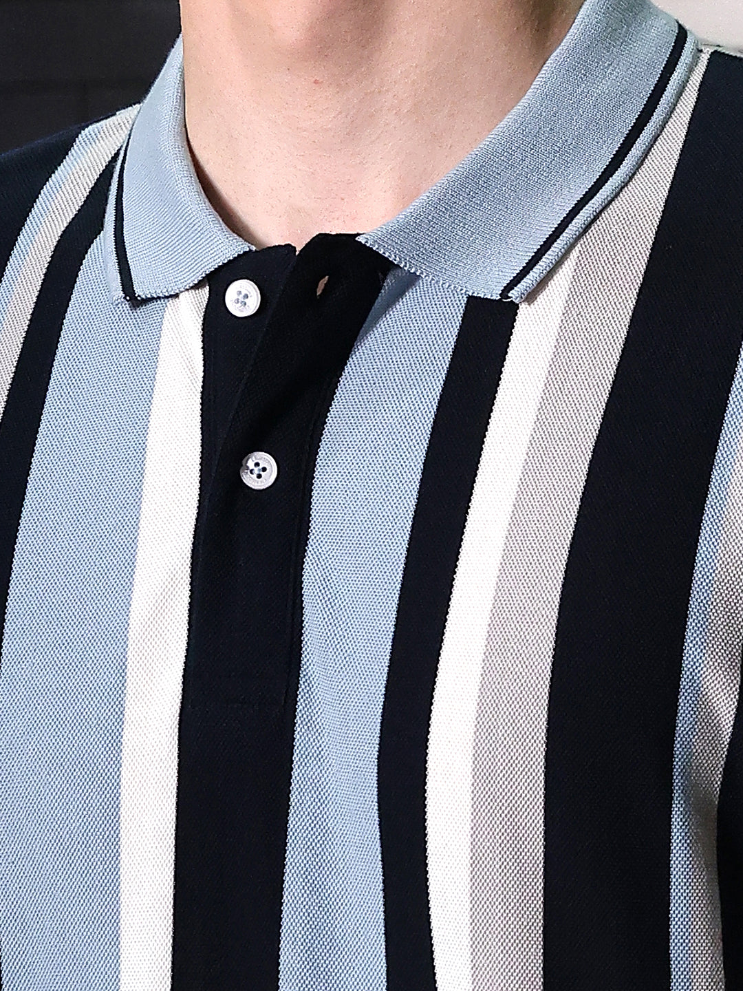 Navy Blue Vertical Striped Polo Neck T-Shirt