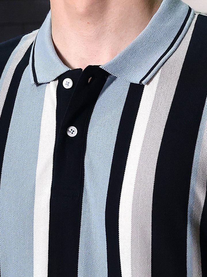 Navy Blue Vertical Striped Polo Neck T-Shirt