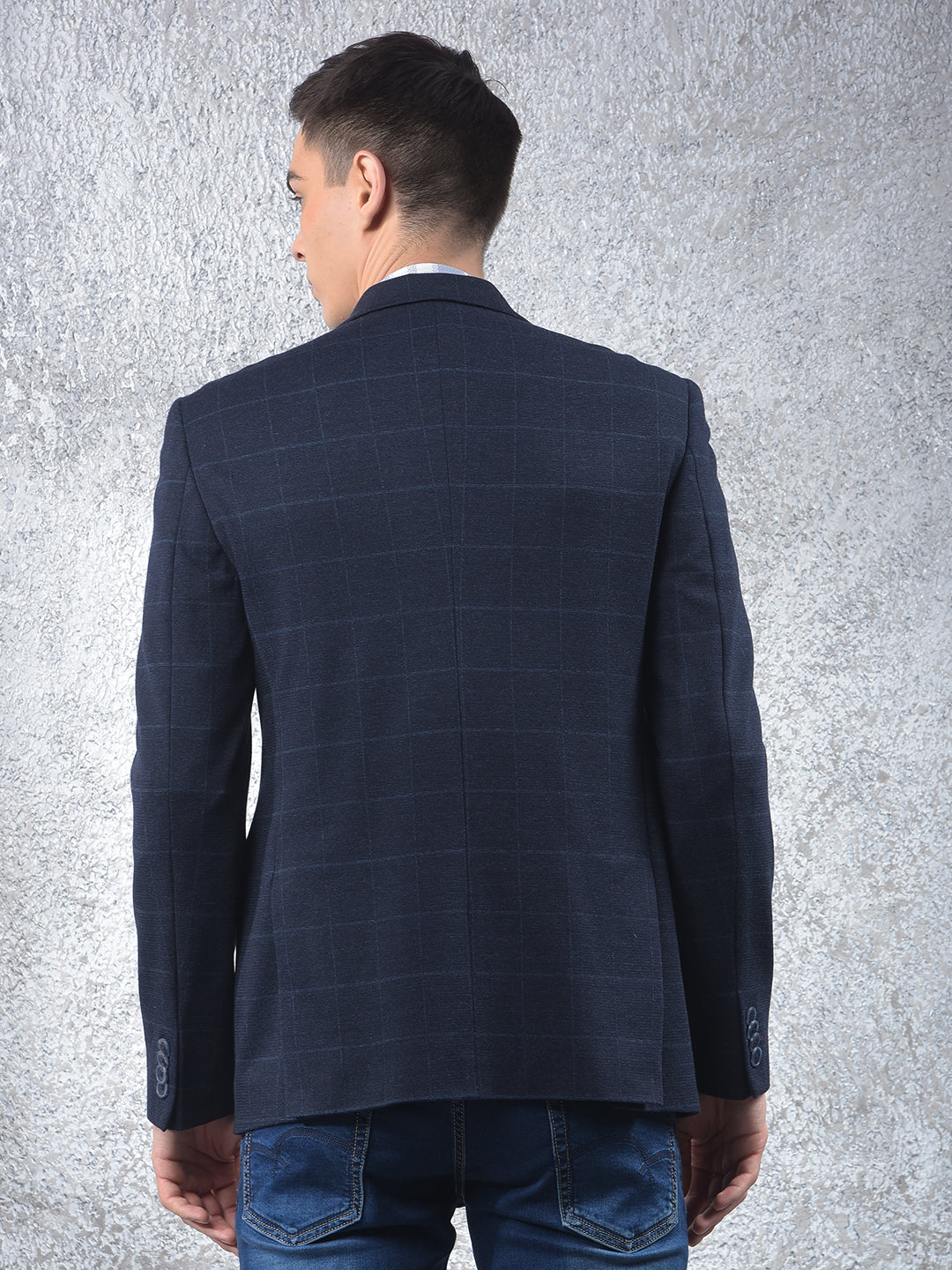 Navy Blue Checked Notched Lapel Single Breasted Blazer