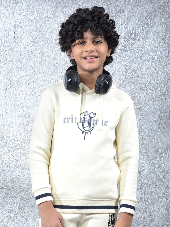 Cream Typographic Print Hooded Neck Sweatshirt