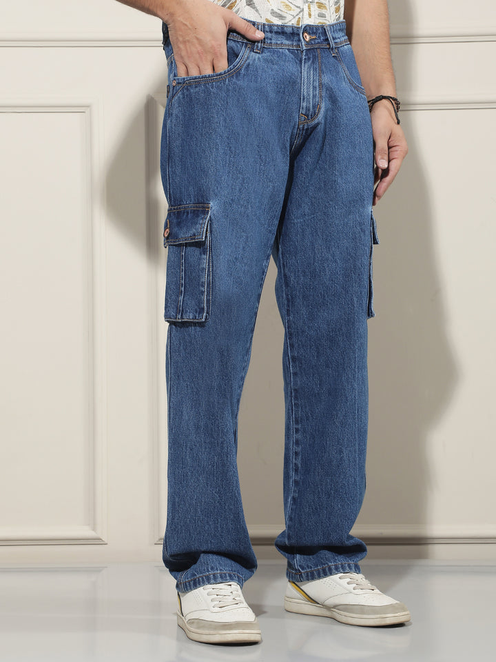 Navy Blue 100% Cotton Cargo Jeans