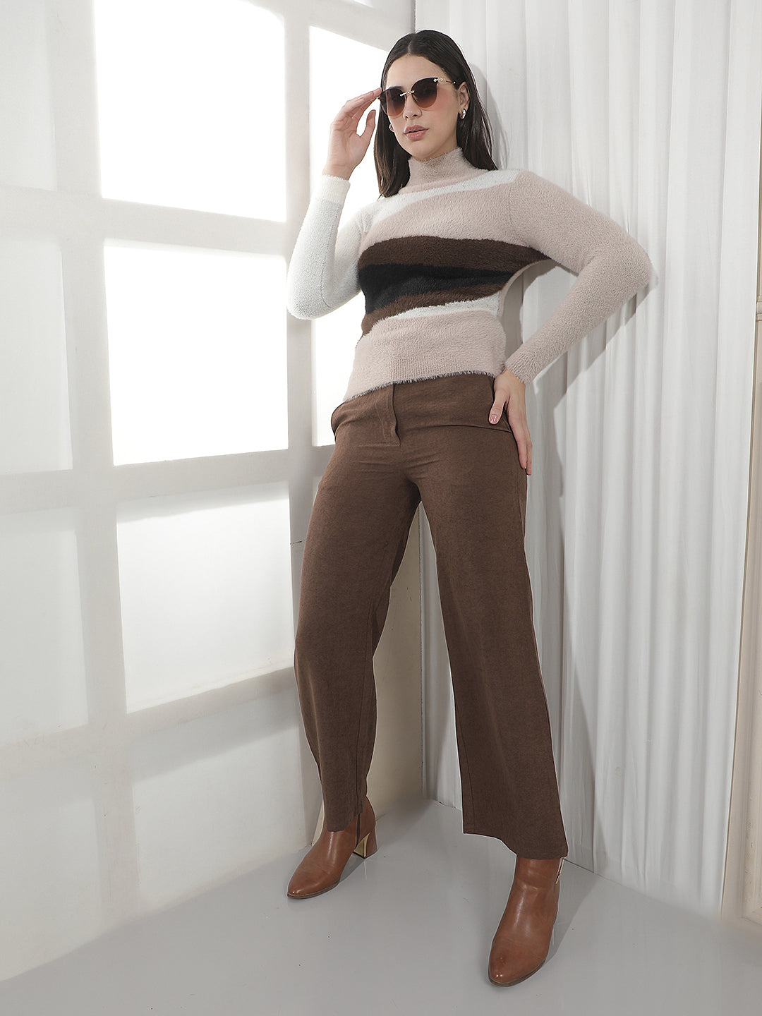 Brown Wide Leg Casual Trousers