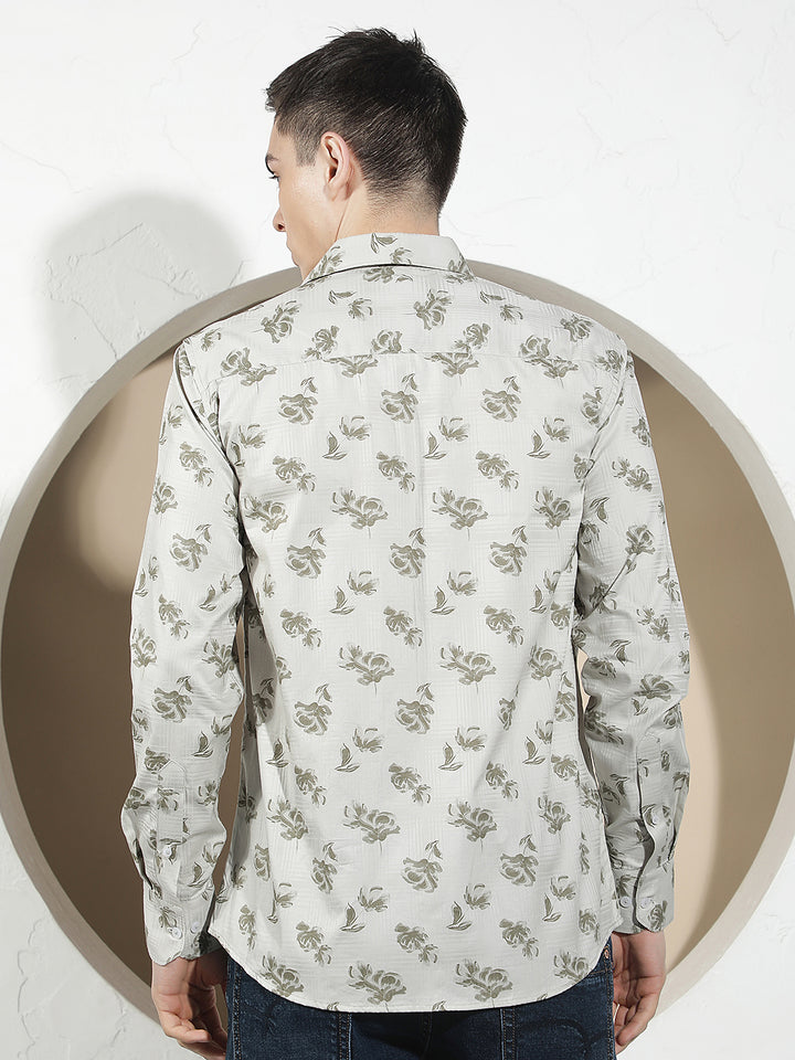 Grey Floral Print 100% Cotton Shirt