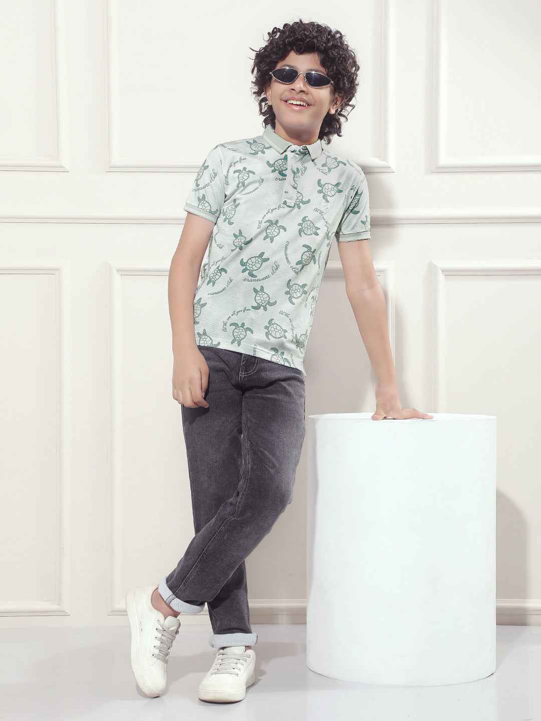 Blue Printed Polo Neck T-Shirt