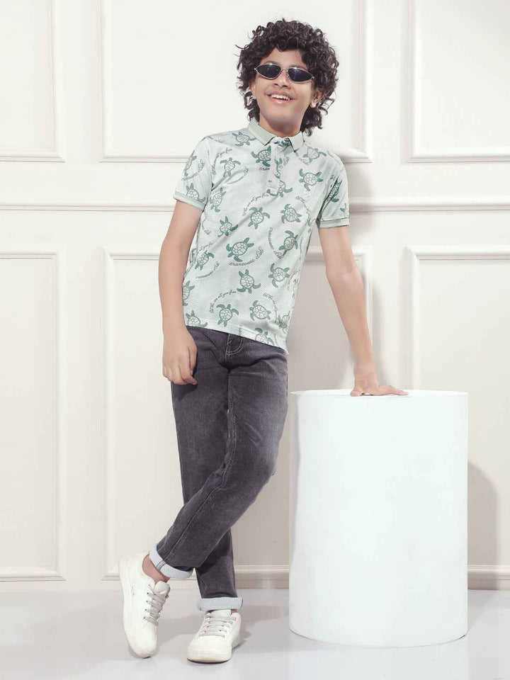 Blue Printed Polo Neck T-Shirt