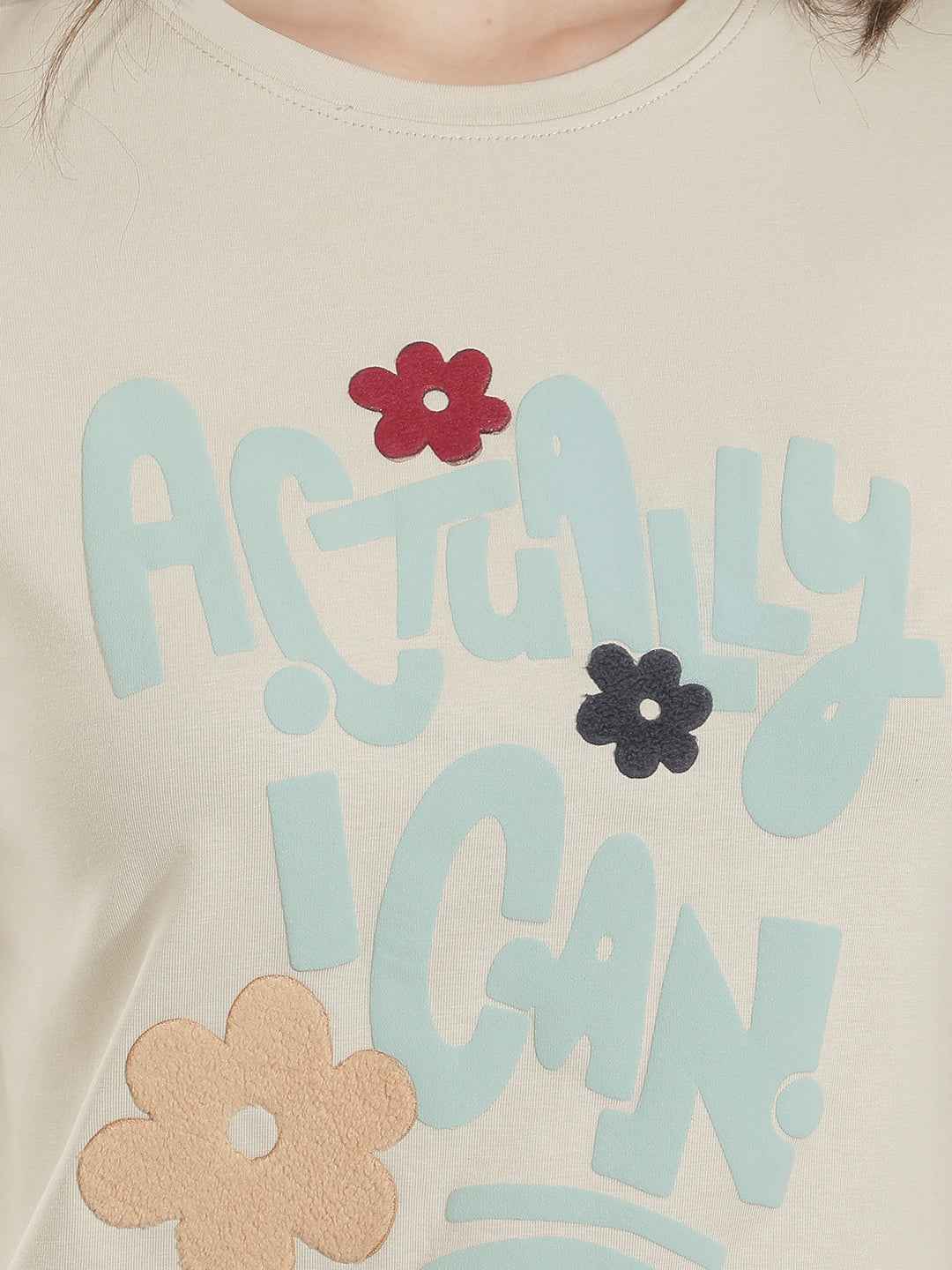 Beige Typographic Embroidery T-Shirt