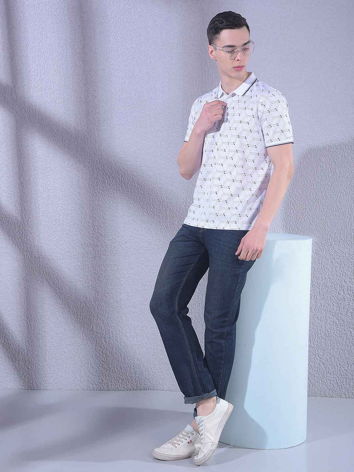 White Printed Polo Neck T-Shirt