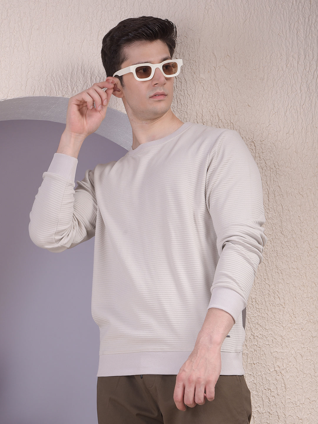 Textured Beige Casual Sweatshirt