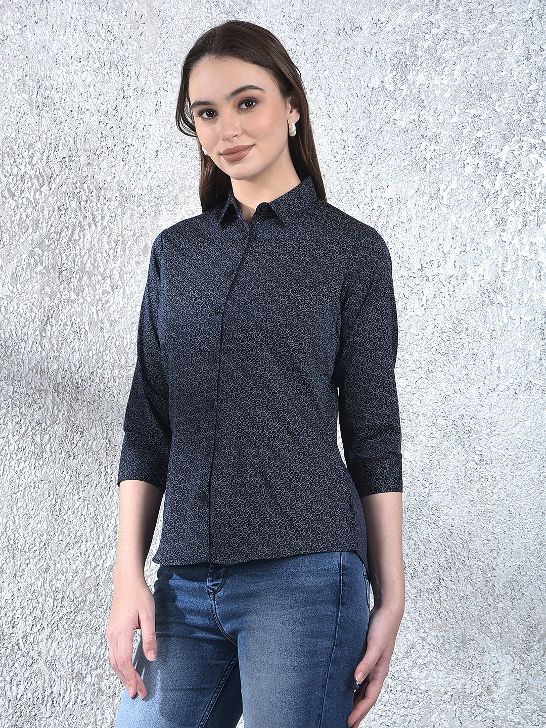 Printed Navy Blue Shirt-Women Shirts-Crimsoune Club
