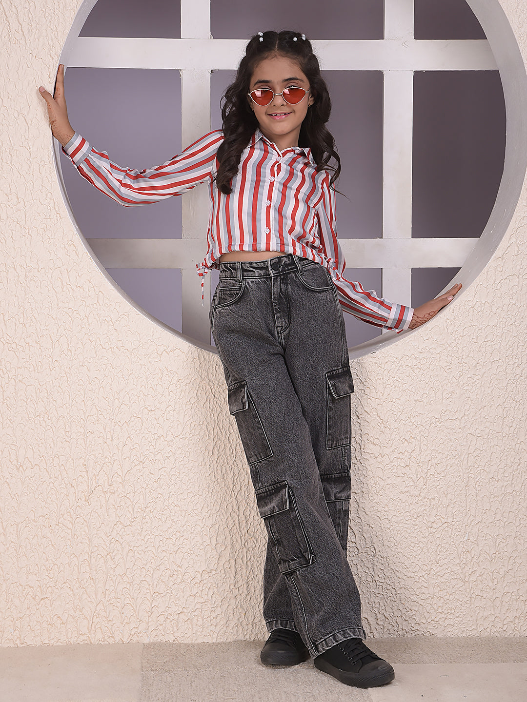 Red Vertical Stripes Modal Cropped Shirt