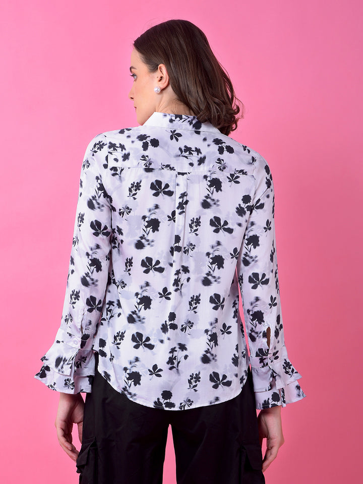 White Floral Print Shirt-Women Shirts-Crimsoune Club