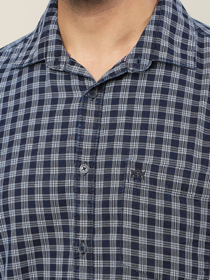 Navy Blue 100% Cotton Checked Shirt