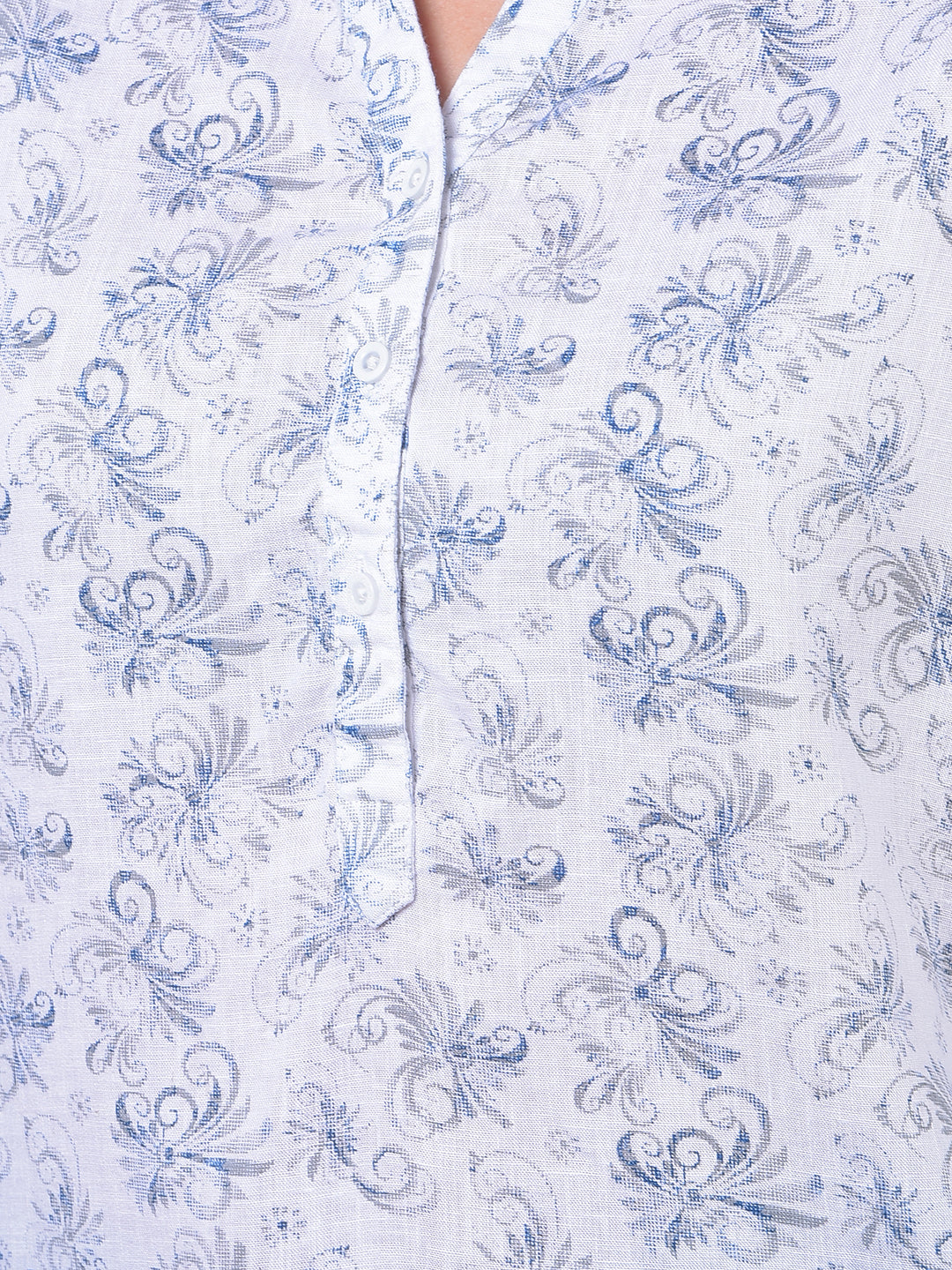 White Floral Print V-Neck Linen Top
