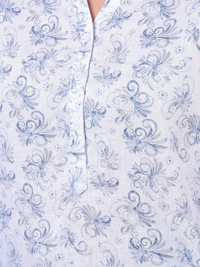White Floral Print V-Neck Linen Top