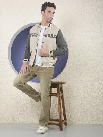 Beige Varsity Shacket With Slogan Printed