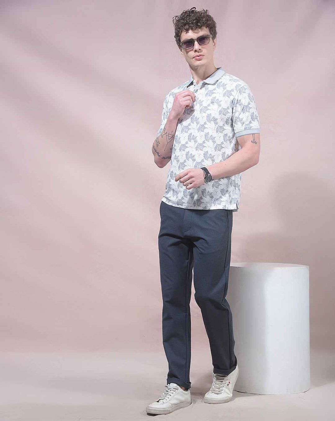 Grey Floral Print Polo Neck T-Shirt