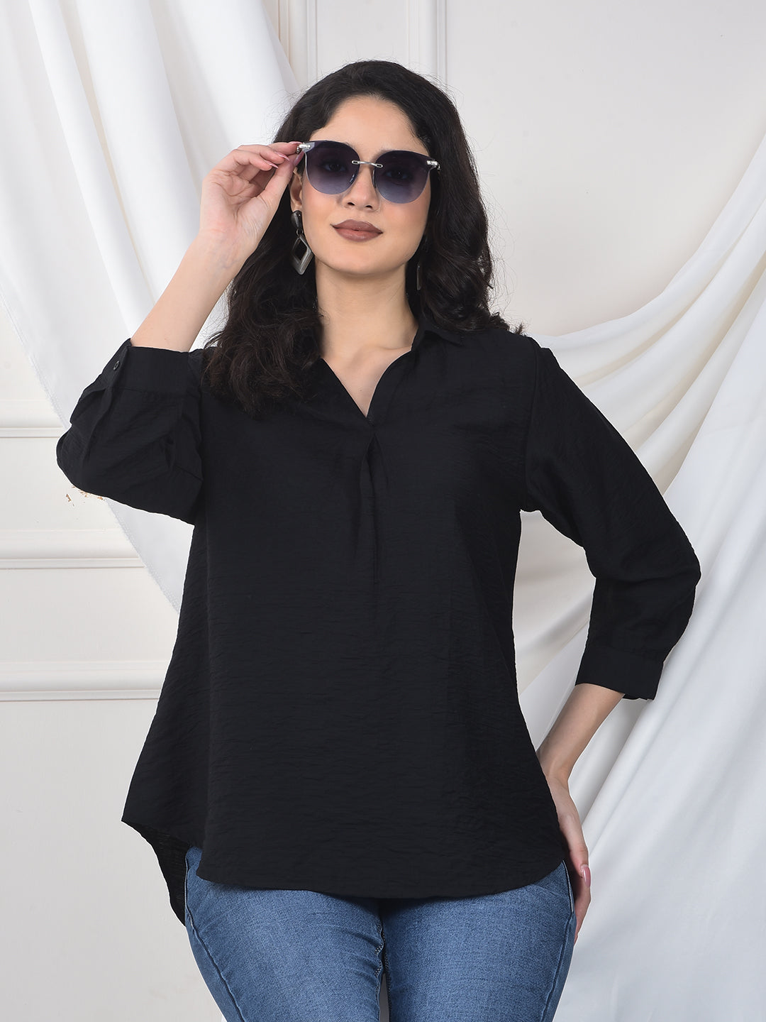 Midnight Black Crinkle Weave Flow Fit Top