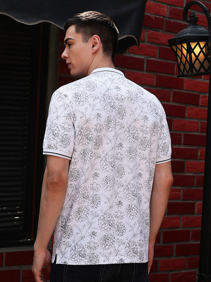 White Floral Print Polo Neck T-Shirt