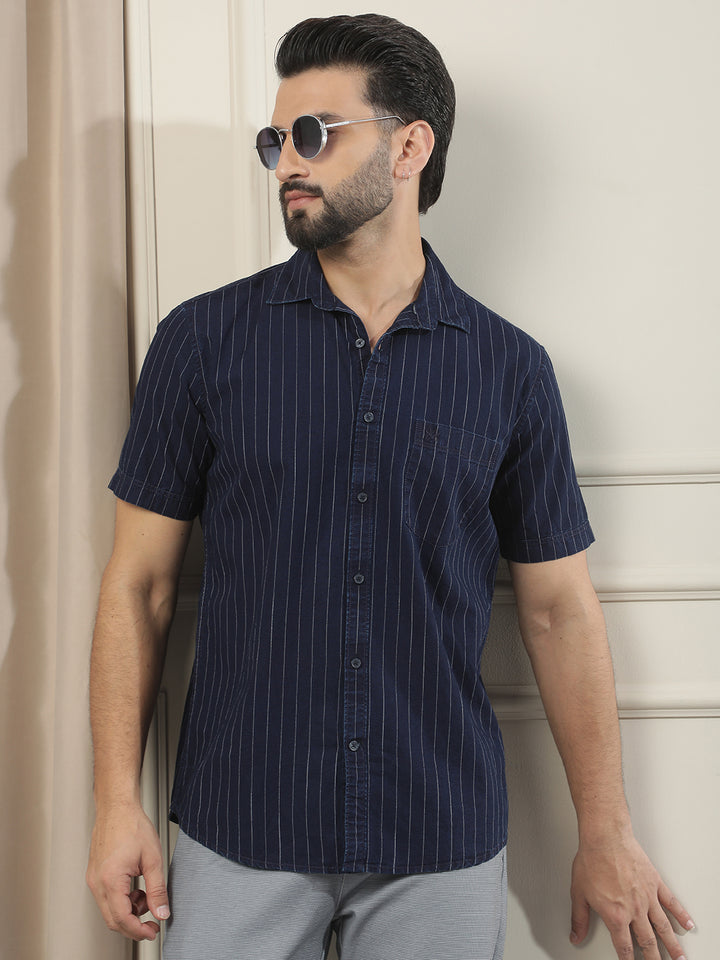 Navy Blue Vertical Striped 100% Cotton Shirt