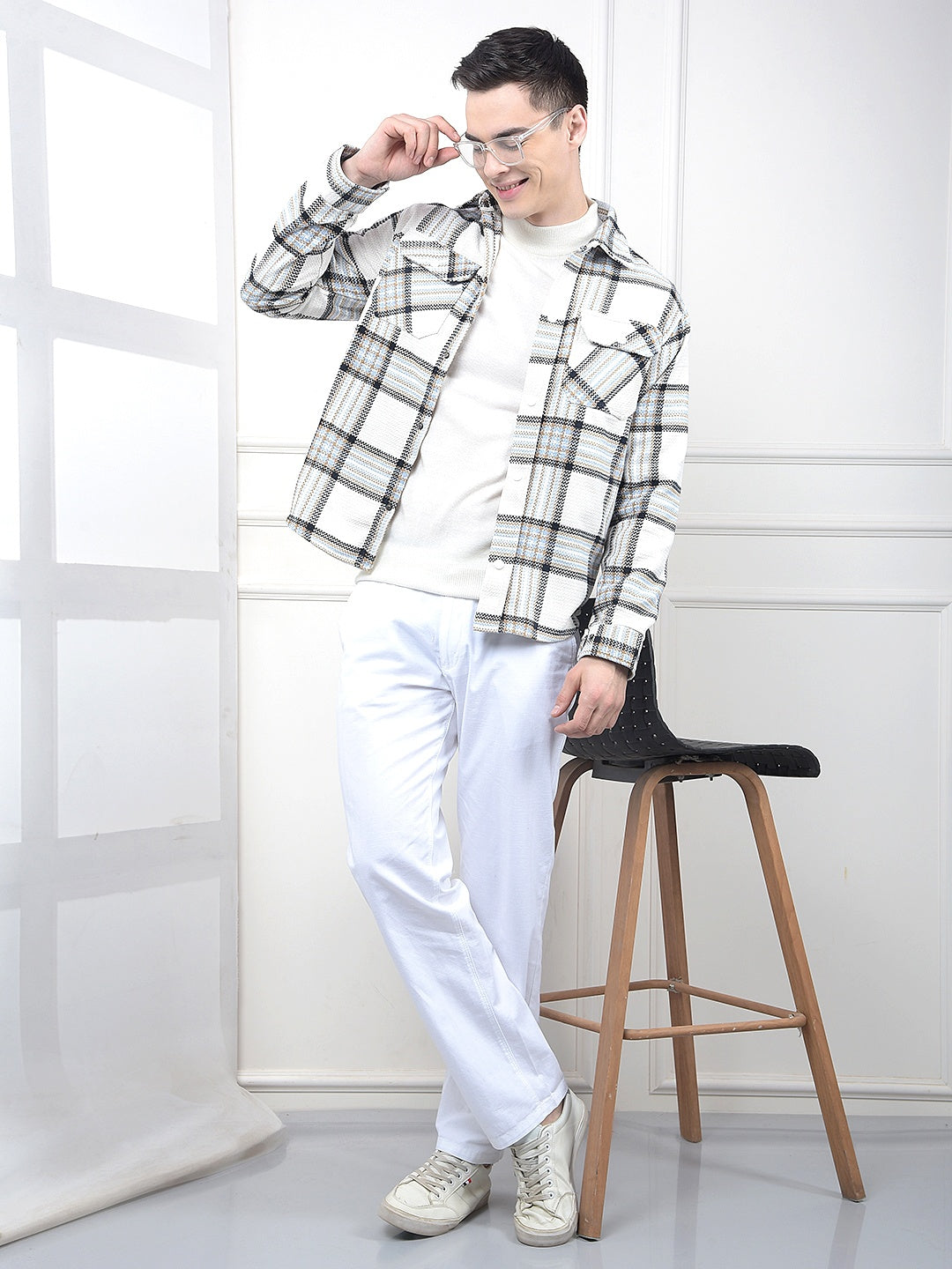 White Checked Knitted Shacket
