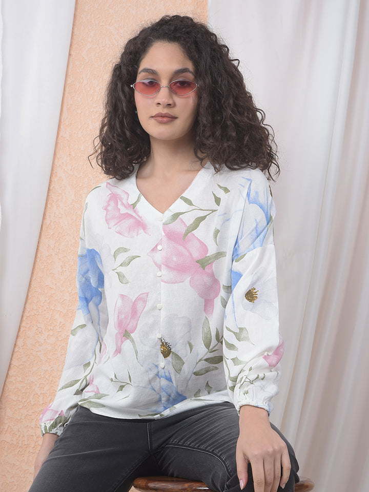 Printed Linen V-Neck Green Shirt