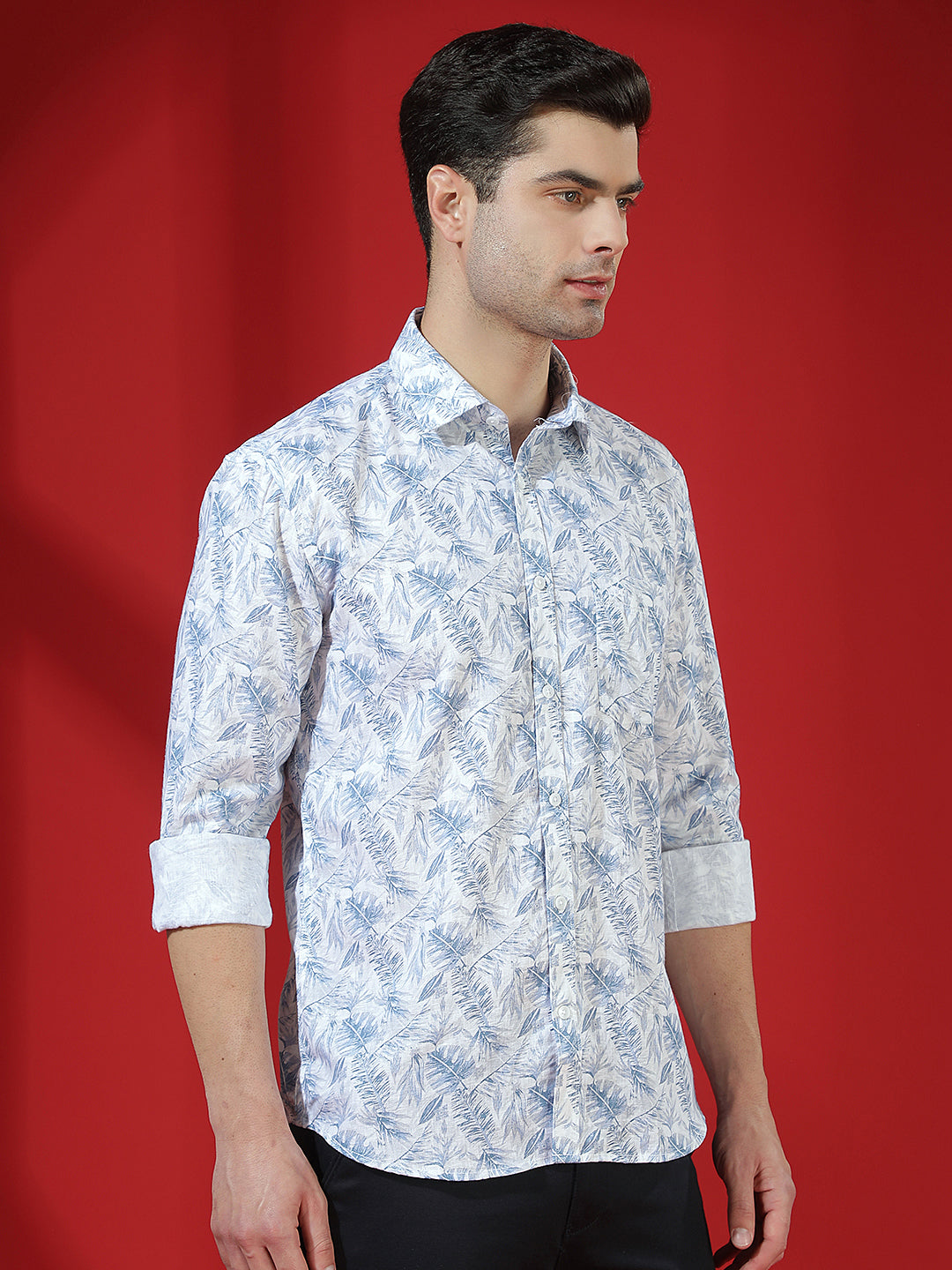 Beige Floral Print Linen Shirt