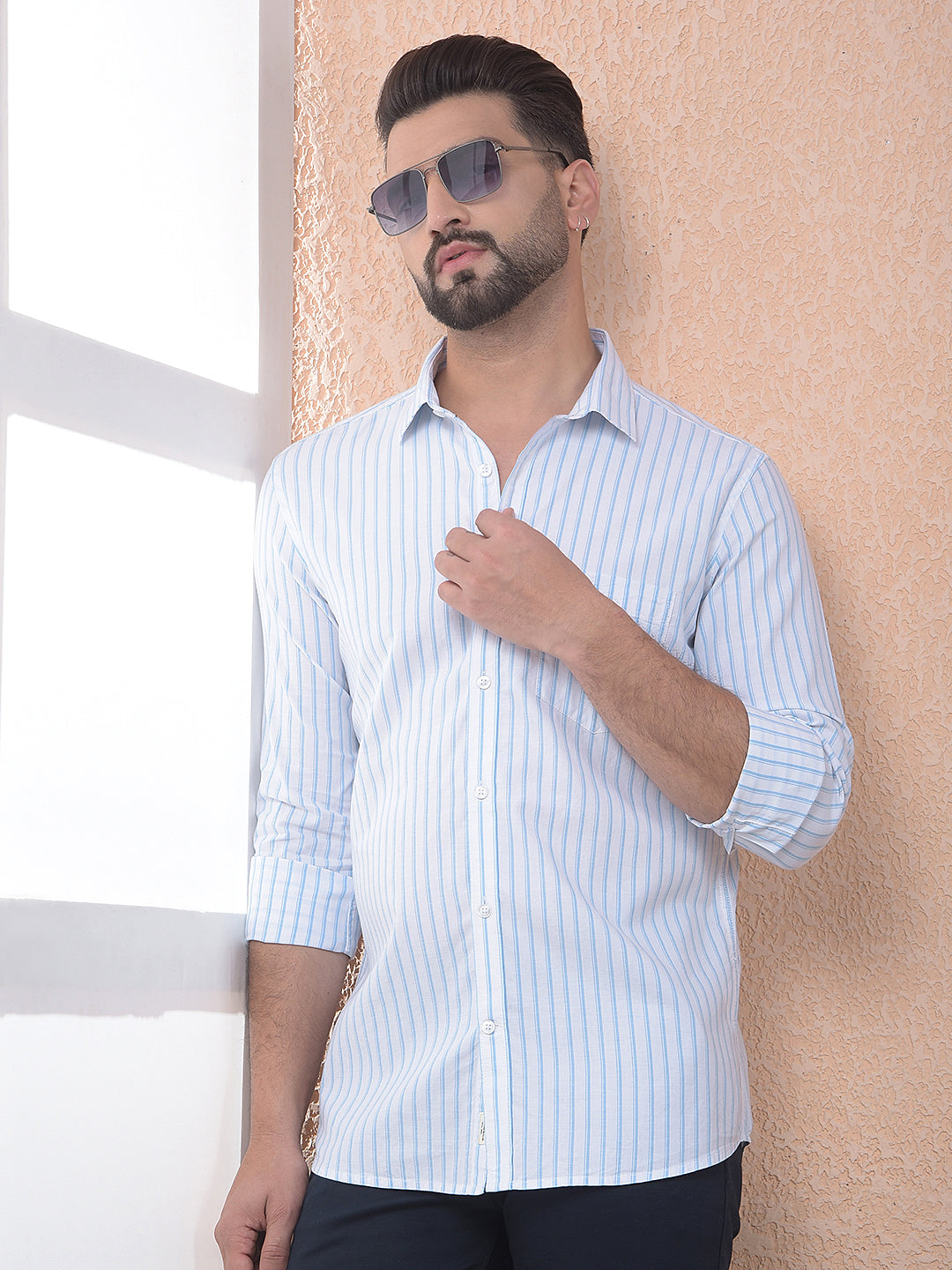 Blue Vertical Striped 100% Cotton Shirt